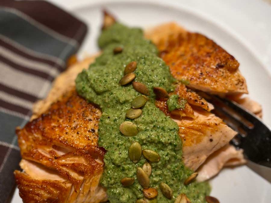 Pan-Seared Salmon with Pumpkin Seed-Cilantro Pesto