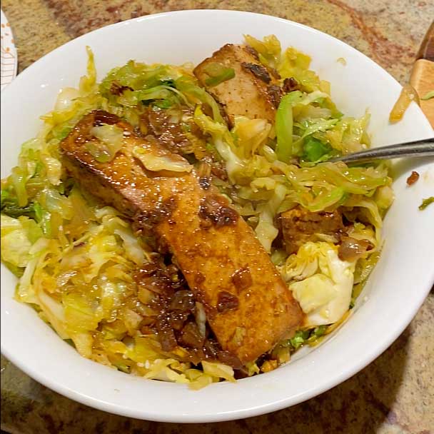 Grilled Tofu with Korean BBQ Glaze & Stir-Fried Napa Cabbage